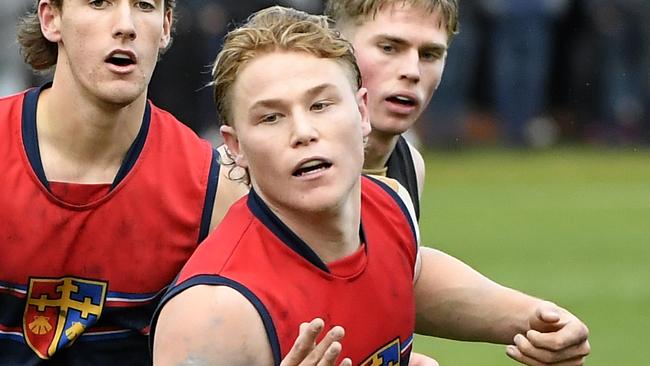 APS School Football - Boys: Round 9. Brighton Grammar v Haileybury at Crowther Oval, Brighton, Victoria, Saturday 20th July 2024. BG No 3 Levi Ashcroft, closest to camera. Photo: Andrew Batsch