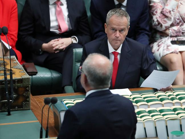 The Prime Minister Scott Morrison with Leader of the Opposition Bill Shorten, during question time in the House of Representatives at Parliament House, Canberra.Picture Gary Ramage