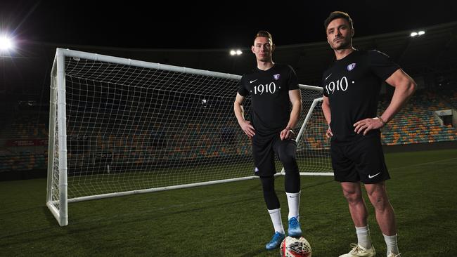 South Hobart’s Nick Morton and Ben Hamlett ahead of Wednesday’s match against Marconi Stallions at Blundstone Arena. Picture: CHRIS KIDD