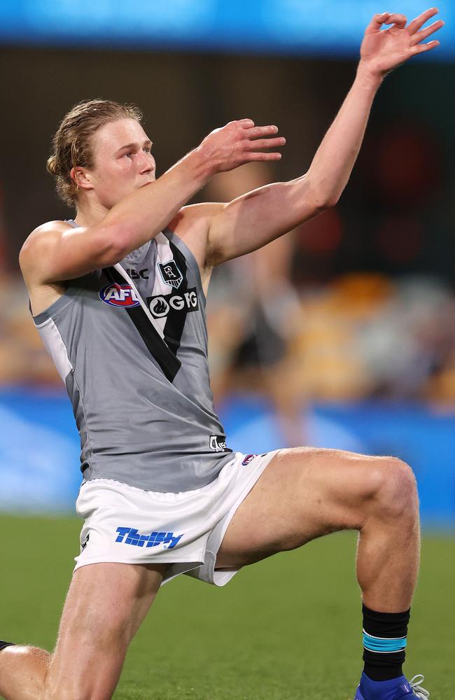 Duursma celebrates a goal against Collingwood by firing his bow and arrow. Picture: Michael Klein