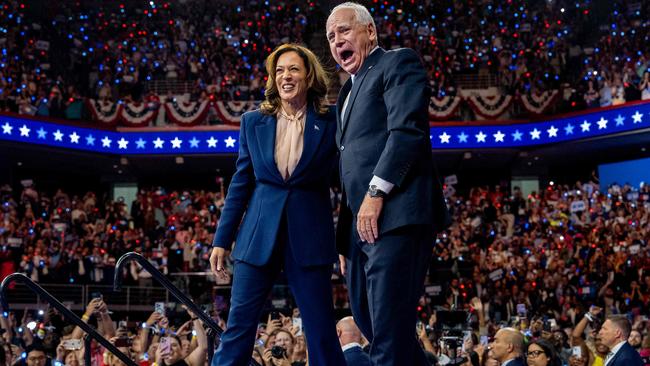 Kamala Harris introduces Tim Walz to a campaign rally in Philadelphia, Pennsylvania. Picture: Getty Images