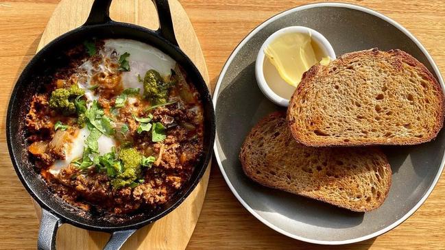 A cafe favourite, Shakshuka; poached eggs in spiced tomato sauce, usually served either vegetarian or with meat. Picture: Valerie’s Sunroom Instagram