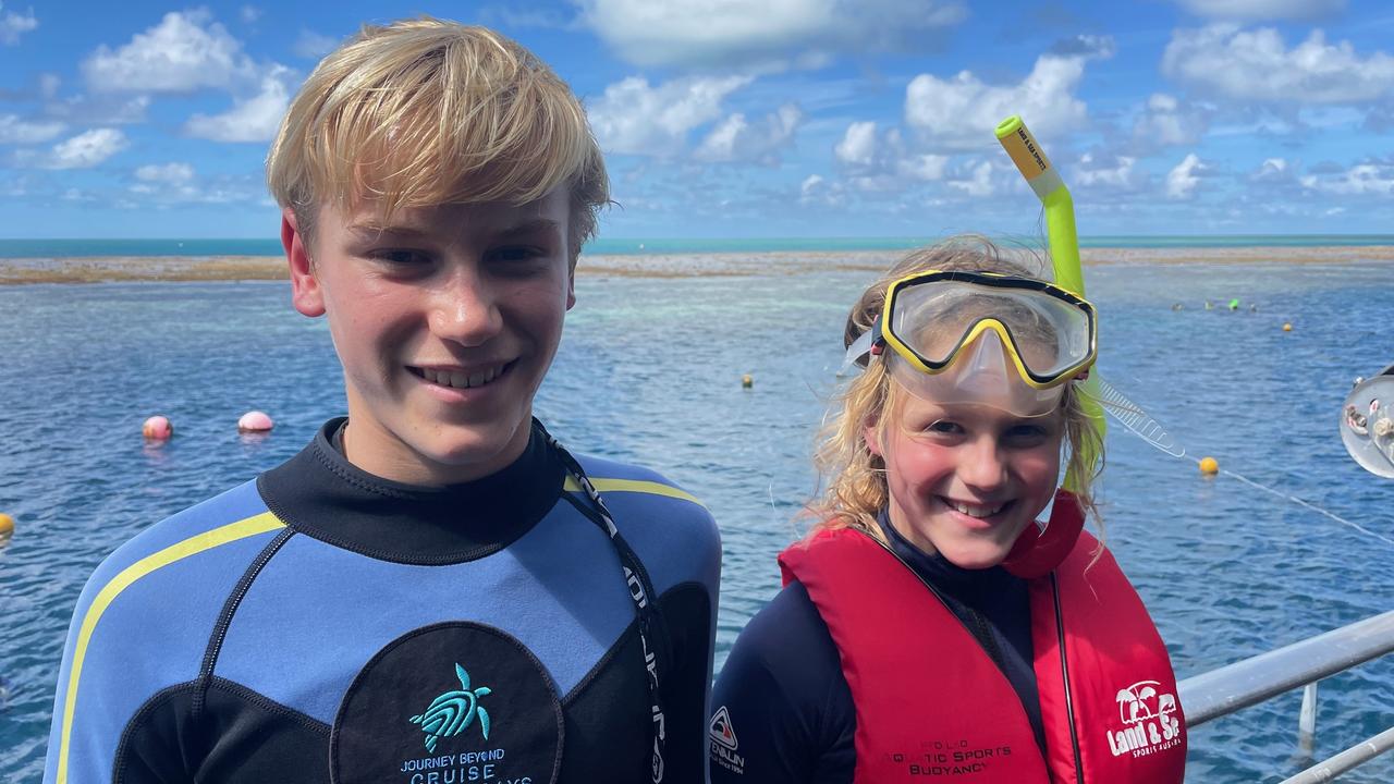 Drew, 13, and Ellie, 9, getting ready to snorkel on the incredible Great Barrier Reef. Picture: Kara Jung