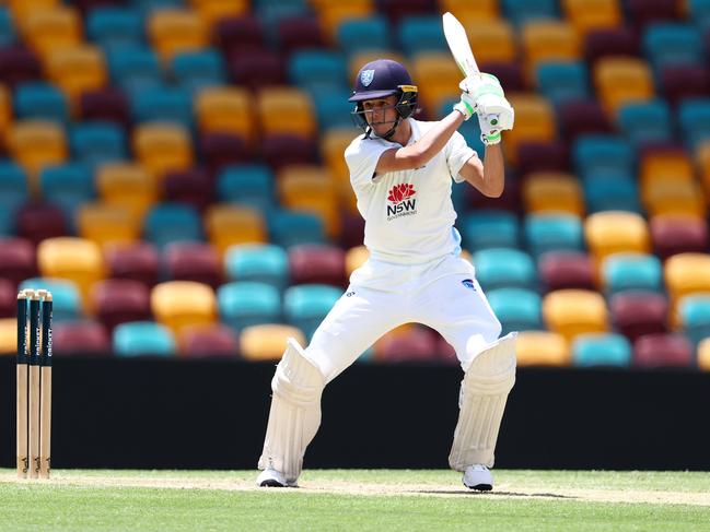 BRISBANE, AUSTRALIA - FEBRUARY 09:  Sam Konstas of New South Wales bats during the Sheffield Shield match between Queensland and New South Wales at The Gabba, on February 09, 2025, in Brisbane, Australia. (Photo by Chris Hyde/Getty Images)