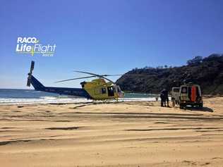 AIRLIFTED: A man in his thirties was airlifted off Fraser Island on Sunday morning after burning his arms in a refueling incident. Picture: Lifeflight Media