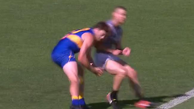 Port Adelaide star Robbie Gray collects West Coast player Jeremy McGovern for the JLT Series on Sunday.