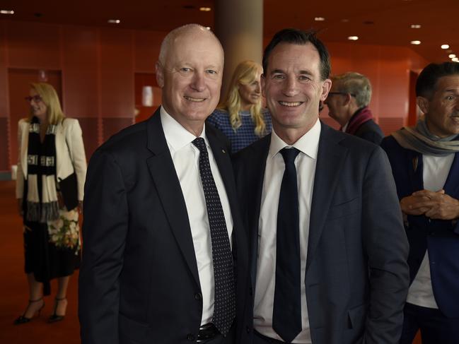 Richard Goyder and AFL CEO elect Andrew Dillon at the North Melbourne Grand Final breakfast at MECC. Picture: Andrew Henshaw