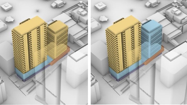 A concept plan of the two options for the planning proposal including mostly residential (left) and mixed commercial-residential (right).