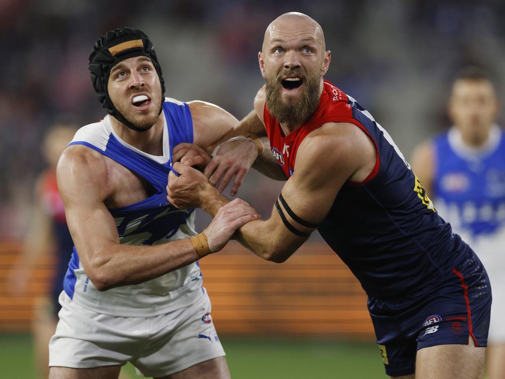 Max Gawn and Tristan Xerri battle in the ruck. Picture: Michael Klein