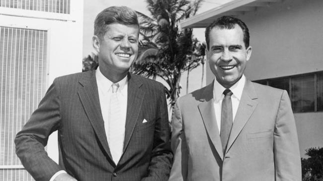 John F. Kennedy and Richard Nixon after their post-campaign conference in Miami.