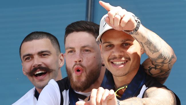 MELBOURNE , AUSTRALIA. October 1, 2023. AFL . The day after.. Collingwood family day at Olympic Park.  Bobby Hill, Jack Crisp and Oleg Markov   .Picture by Michael Klein