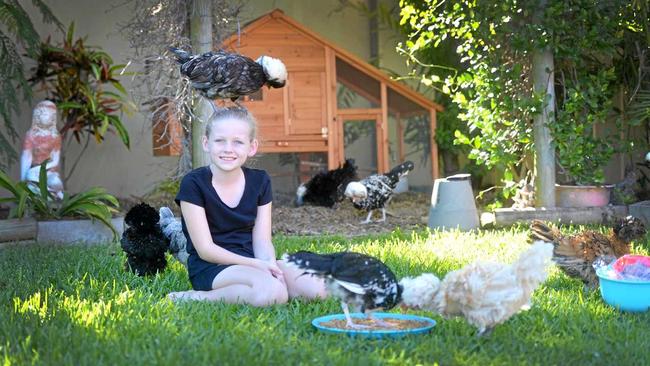 Nine-year-old Summer Farrelly is getting a name around the world as a chook whisperer. Picture: Craig Warhurst