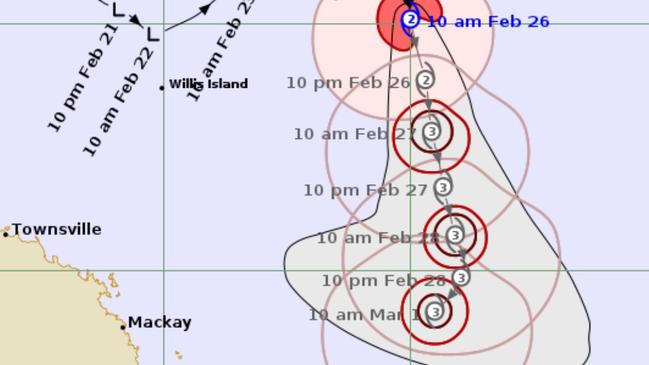 BoM tracking map for February 26 shows path of Tropical Cyclone Alfred moving towards the Central Queensland coast.