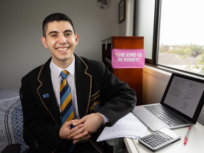 Sebastian Khoury is a Year 12 student at St Bernard's College preparing to sit the English exam in less than 2 weeks. Sebastian also survived cancer and has written a book. Picture: Jason Edwards