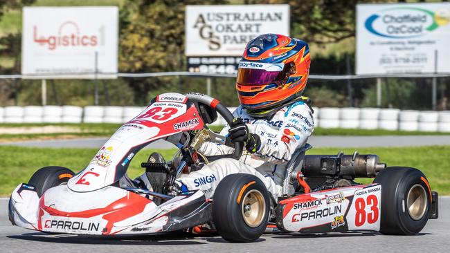 Koda Singh (9) practices at the Oakleigh Go Kart Racing Club. Picture: Jake Nowakowski