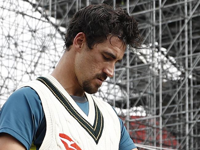 MANCHESTER, ENGLAND - SEPTEMBER 02: Mitchell Starc of Australia looks on during the Australia Nets Session at Emirates Old Trafford on September 02, 2019 in Manchester, England. (Photo by Ryan Pierse/Getty Images)