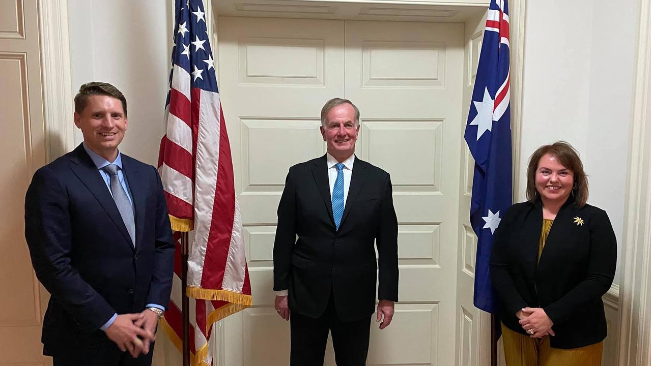 MPs Andrew Hastie and Kimberley Kitching with the US Ambassador Arthur B. (A.B.) Culvahouse Jr. at a socially distant dinner at the US embassy.