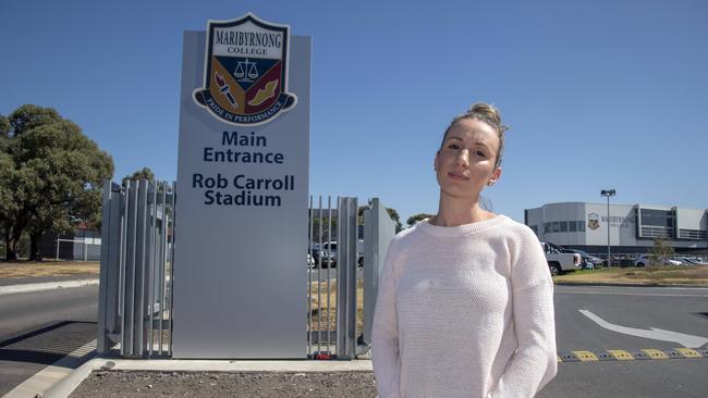 Parent Gemma Mowat, outside Maribyrnong College, has appealed for Avondale Heights’ odd zoning to be fixed. Picture: Andy Brownbill
