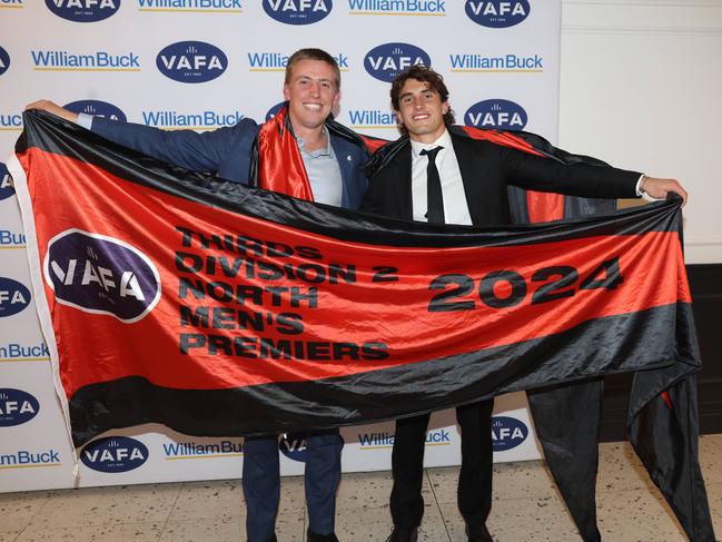 MELBOURNE, AUSTRALIA – OCTOBER 9 2024Tommy McRae and Tommy Hart at the VAFA Awards Night at the San Remo Ballroom in Carlton on October 9, 2024Picture: Brendan Beckett