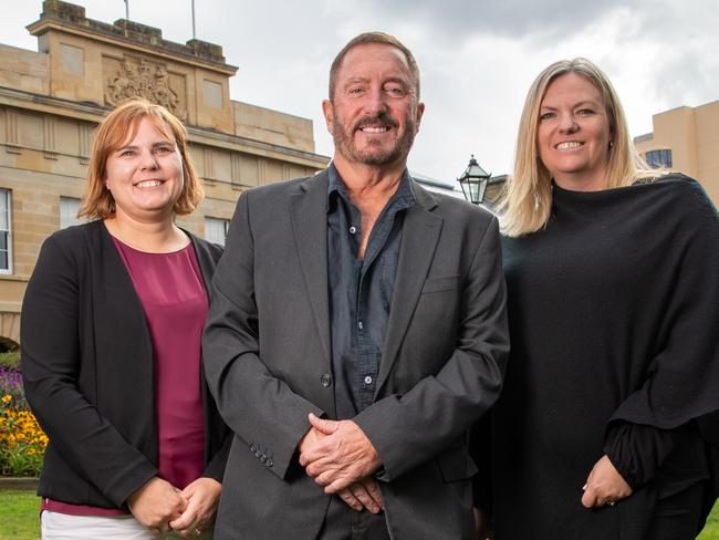 Newly elected members of Tasmanian Parliament, Member for Braddon Miriam Beswick, Member for Lyons Andrew Jenner, and Member for Bass, Rebekah Pentland of the Jacqui Lambie network at Parliament Lawns, Hobart, Monday, April 8, 2024. Picture: Linda Higginson