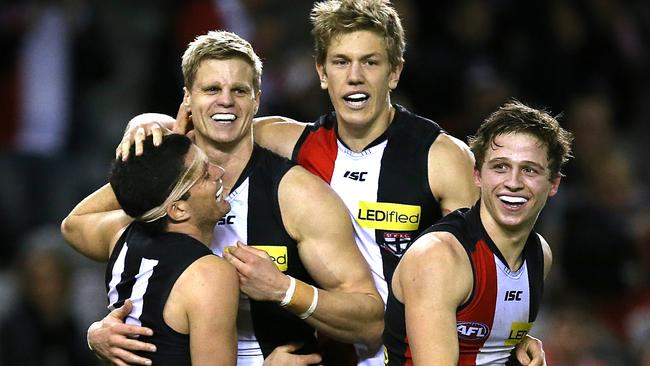 Saint Nick Riewoldt celebrates with Leigh Montagna, Rhys Stanley and Jack Billings. Picture: Wayne Ludbey