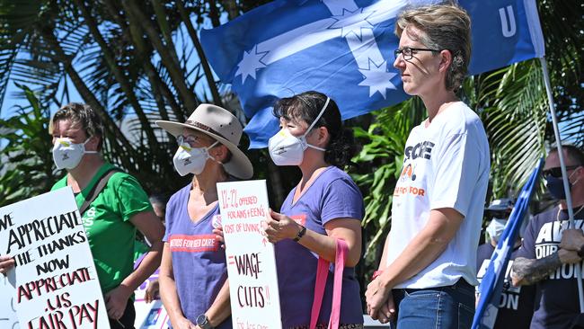 Sally McManus joined local aged care workers, members of the AWU and the Queensland Council of Unions, to rally in front of Regis Whitfield. Picture: Emily Barker