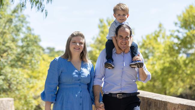 Opposition Leader Vincent Tarzia and his wife Charissa with son Leonardo, 3, are expecting their second child. Picture: Kelly Barnes