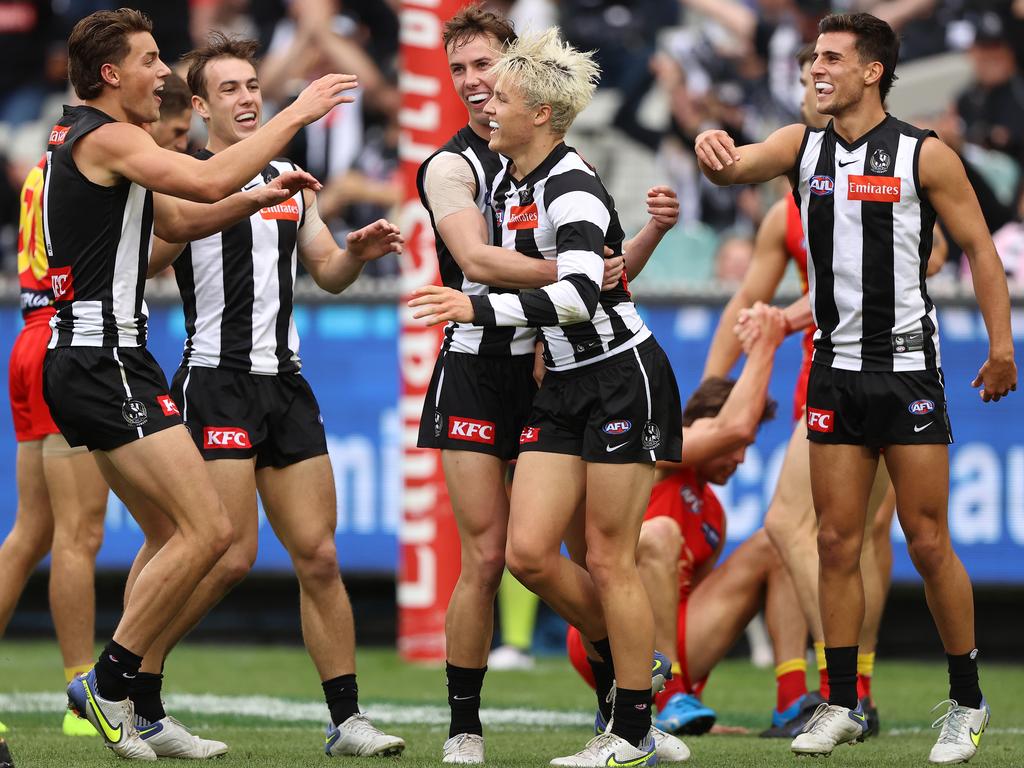 Collingwood celebrates after Jack Ginnivan scores a goal during the club’s round 7 victory over the Gold Coast Suns. Picture: <span>Robert Cianflone/Getty Images</span>