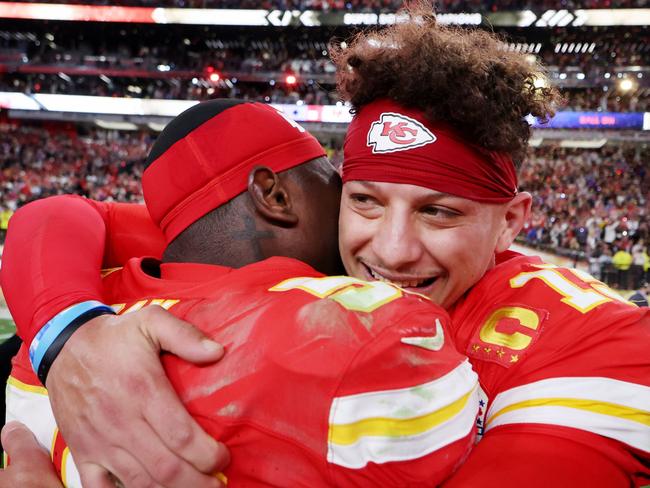 LAS VEGAS, NEVADA - FEBRUARY 11: Patrick Mahomes #15 of the Kansas City Chiefs hugs a teammate after defeating the San Francisco 49ers 25-22 during Super Bowl LVIII at Allegiant Stadium on February 11, 2024 in Las Vegas, Nevada. (Photo by Ezra Shaw/Getty Images)