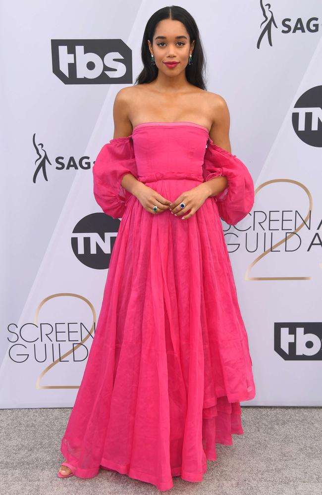 Laura Harrier is pretty in pink. Picture: Frazer Harrison/Getty Images/AFP 