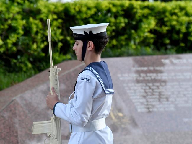 Dawn Service at Anzac Park for 83rd commemoration of Battle of Coral Sea. Part of the catafalque party from TS Coral Sea. Picture: Evan Morgan