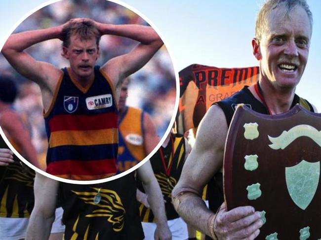 Pleasure and pain: Maynard celebrates a premiership with the Lameroo Hawks and, inset, Maynard in action for the Adelaide Crows.