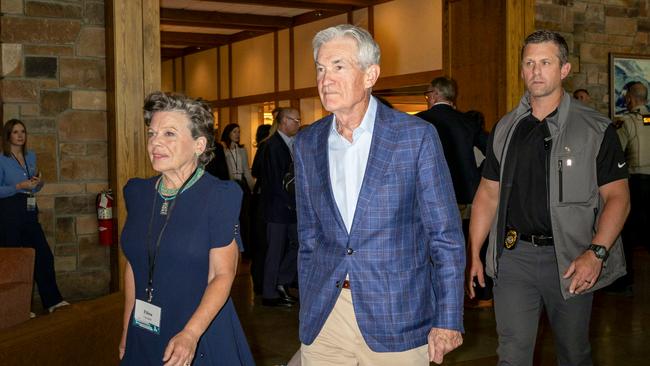 US Federal Reserve chairman Jerome Powell arrives to a dinner at the Jackson Lake Lodge on Thursday.