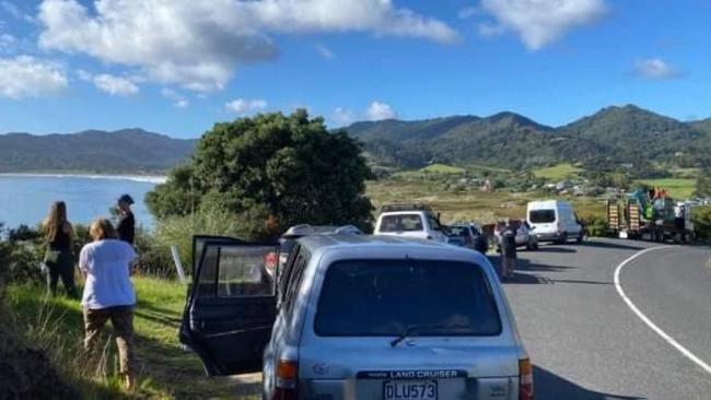 People wait on high ground at Great Barrier Island in New Zealand after a tsunami warning was issued. Picture: Bridget Cameron