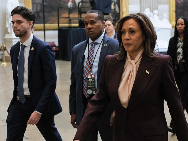 US Vice President Kamala Harris walks through the Rotunda on her way to a joint session of Congress to certify the results of the 2024 Presidential election, in the House Chamber at the US Capitol on January 6, 2025, in Washington, DC. Exactly four years after Donald Trump's supporters stormed the US Capitol, seeking to overturn his election loss, lawmakers meet today to certify his 2024 Presidential win, cementing the Republican's comeback from political ignominy. (Photo by Jemal COUNTESS / AFP)