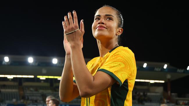 PERTH, AUSTRALIA - NOVEMBER 01: Mary Fowler of the Matildas acknowledges the crowd after the win during the AFC Women's Asian Olympic Qualifier match between Australia Matildas and Chinese Taipei at HBF Park on November 01, 2023 in Perth, Australia. (Photo by James Worsfold/Getty Images)