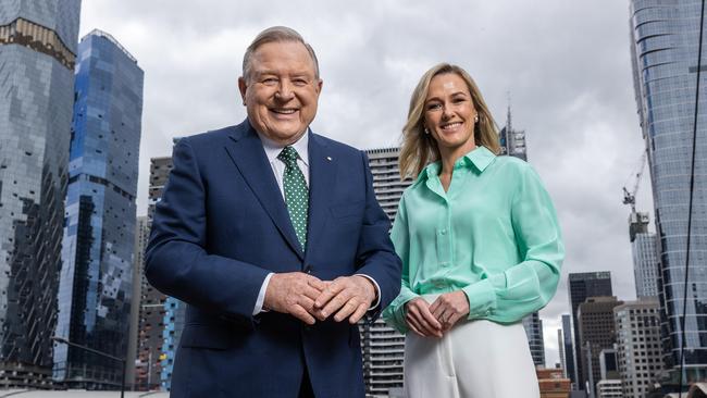 Outgoing Nine Melbourne presenter Peter Hitchener and his week night replacement Alicia Loxley … in happier times. Picture: Jake Nowakowski