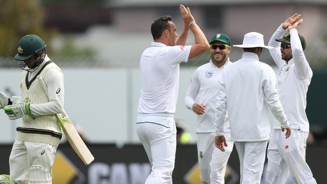 South Africa celebrates the wicket of Usman Khawaja