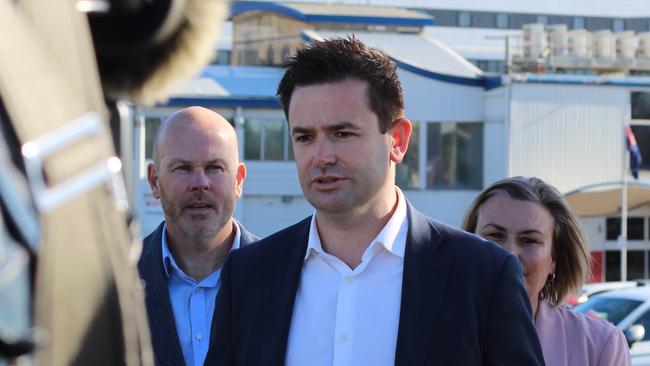 Labor Leader Dean Winter speaking at the Spirit of Tasmania terminal in Devonport. Picture: Supplied.