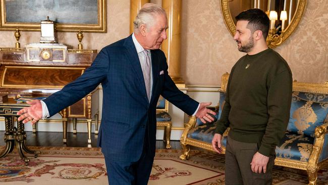 King Charles welcomes Volodymyr Zelensky to Buckingham Palace on Wednesday. Picture: AFP