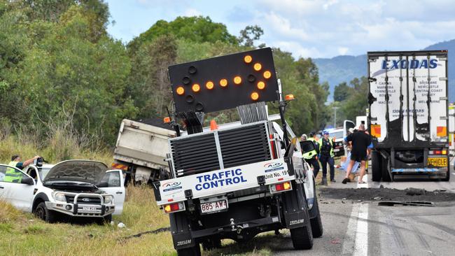 Photos from the scene of an accident involving two trucks and a utility vehicle at Yaruga on the Bruce Highway between Townsville and Ingham. Two men including Wright, were badly injured. Picture: Cameron Bates