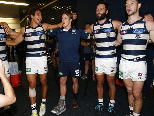 Lincoln McCarthy in a moon boot after Geelong’s win. Picture: Colleen Petch