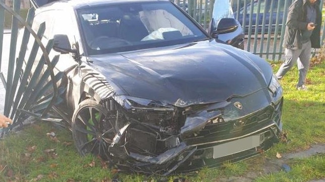 Hause's wrecked Lamborghini crashed through the fence of a local nursery. Picture: The Sun