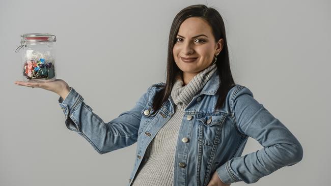 Stephanie Timotheou did the zero waste challenge where her week’s worth of waste had to fit in this tiny, glass jar. Picture: AAP/Roy VanDerVegt