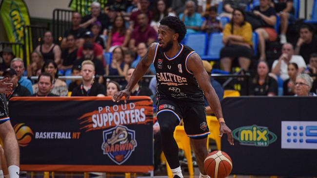 Darwin Salties co-captain Jerron Jamerson dribbles against Cairns Marlins. Picture: Pema Pakhrin.