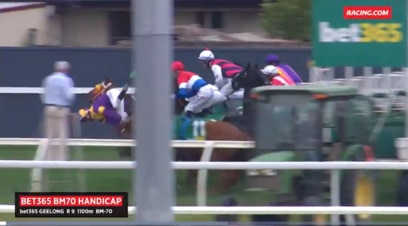 Linda Meech was thrown into the air after her mount stumbled out of the gates at Geelong.