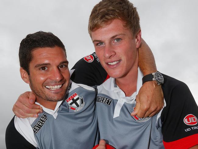 Newnes with former St Kilda teammate Leigh Montagna in 2013. Picture: Sean Garnsworthy/AFL Media