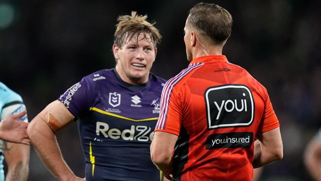 Harry Grant was controversially sin binned late in the first half after taking out the leg of Daniel Atkinson, with Cronulla scoring one minute later. Picture: NRL Imagery