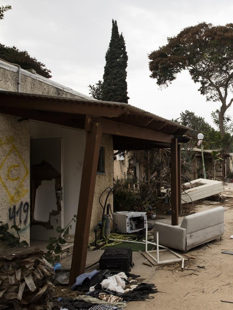 A destroyed house as a result of the Hamas attack on the kibbutz on October 27, 2023 in Kfar Aza, Israel. Picture: Amir Levy/Getty Images