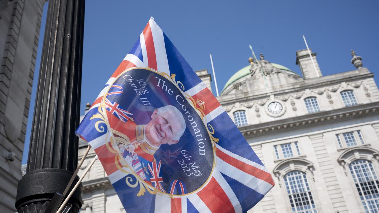 Weeks before the coronation of King Charles III takes place, flag merchandise is on sale in central London, on 17th April 2023, in London, England. On 6th May, King Charles will succeed Queen Elizabeth II who passed away last year. (Photo by Richard Baker / In Pictures via Getty Images) Escape 30 April 2023 News Photo - Getty